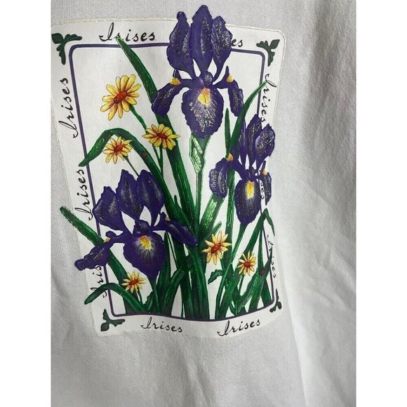 Vintage Jerzees Size 2X Puff Print Irises Flower Crewneck Sweatshirt White - Picture 2 of 10